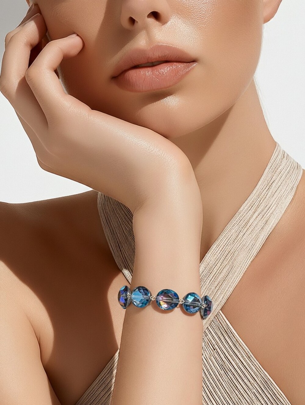 Iridescent Blue Oval Glass and Gold Filled Beaded Bracelet